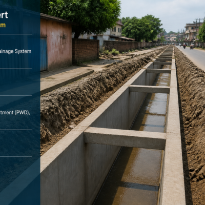 Urban covered drain construction site alongside a road in Sibsagar, Assam under Government tender