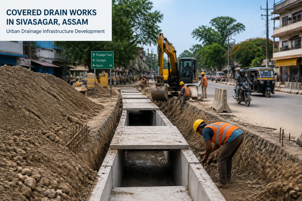 Construction site of covered drain along urban road in Sivasagar Assam showing municipal civil works progress
