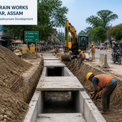 Construction site of covered drain along urban road in Sivasagar Assam showing municipal civil works progress
