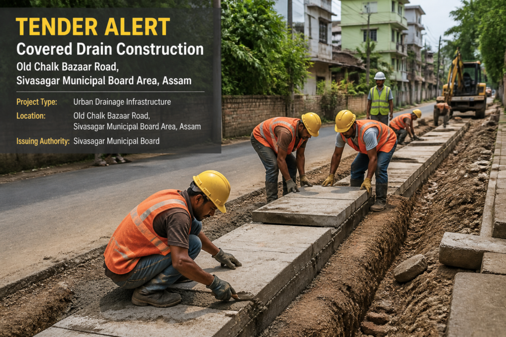 Covered drain construction on urban street in Sivasagar Municipal Board, Assam, showing construction activity and drainage infrastructure