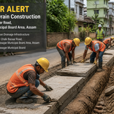 Covered drain construction on urban street in Sivasagar Municipal Board, Assam, showing construction activity and drainage infrastructure