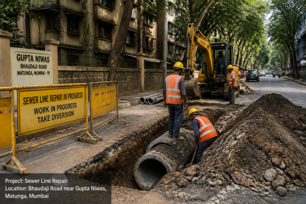 Sewer line repair work at plot no. 394-B Gupta Niwas, Bhaudaji road, Matunga in Mumbai
