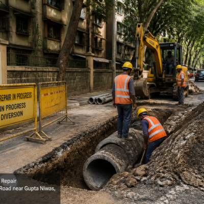 Sewer line repair work at plot no. 394-B Gupta Niwas, Bhaudaji road, Matunga in Mumbai