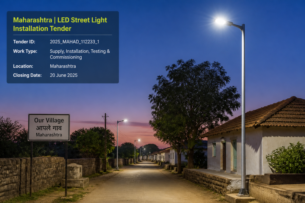 LED street light installation in Tembhepada village Maharashtra, dusk view of illuminated rural street