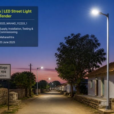 LED street light installation in Tembhepada village Maharashtra, dusk view of illuminated rural street