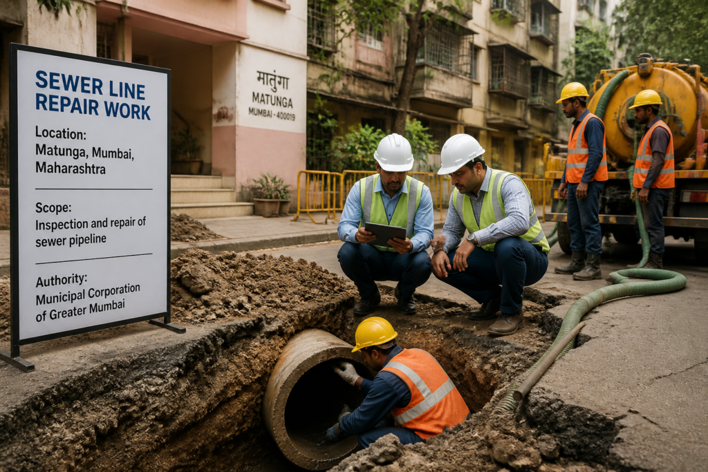 Sewer line improvement and maintenance work underway at Bhagirathi Bhuvan, Matunga, Mumbai