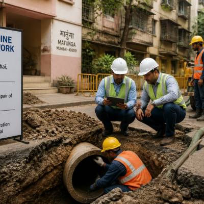 Sewer line improvement and maintenance work underway at Bhagirathi Bhuvan, Matunga, Mumbai