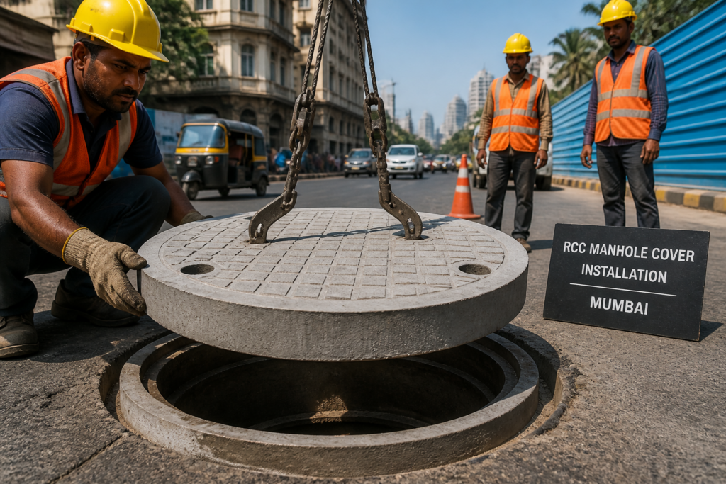 RCC manhole cover installation on urban road in Mumbai reflecting infrastructure maintenance