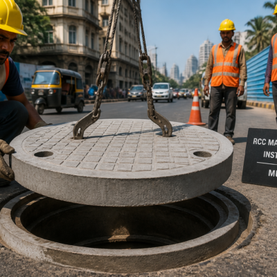 RCC manhole cover installation on urban road in Mumbai reflecting infrastructure maintenance