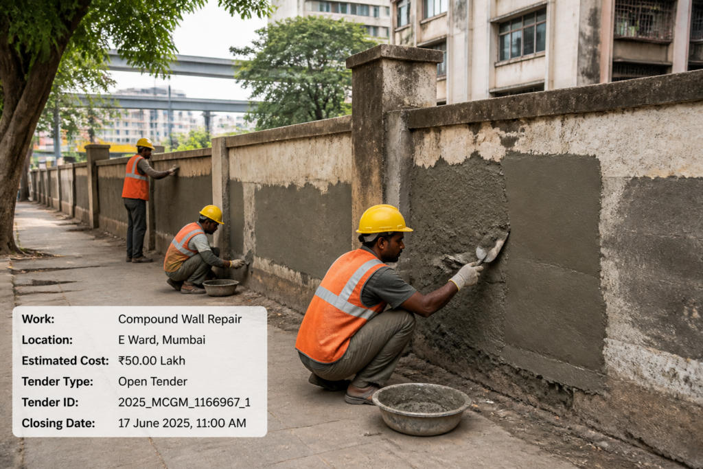 Repair work in progress on Mastan Talav ground compound wall in Mumbai's E Ward showing workers and construction materials onsite