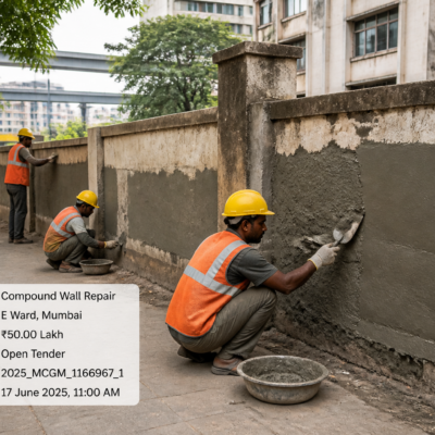 Repair work in progress on Mastan Talav ground compound wall in Mumbai's E Ward showing workers and construction materials onsite