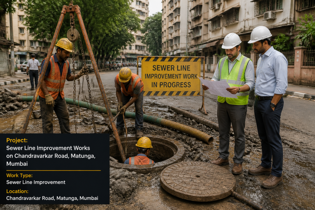 Sewer line improvement works in progress at Chandravarkar Road, Matunga, Mumbai showing workers and engineers