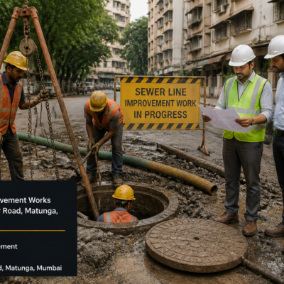 Sewer line improvement works in progress at Chandravarkar Road, Matunga, Mumbai showing workers and engineers