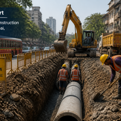 Sewer line improvement civil works at Chandravarkar Road, Matunga in Mumbai showing urban infrastructure maintenance