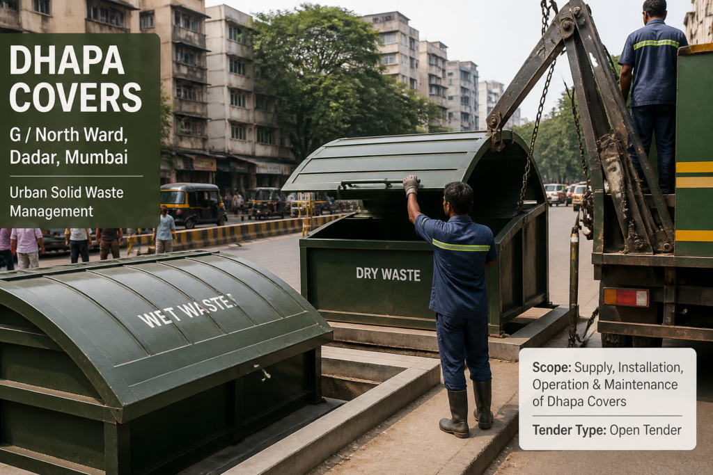 Urban solid waste management area in Mumbai featuring Dhapa Covers used for municipal waste containment in G North Ward
