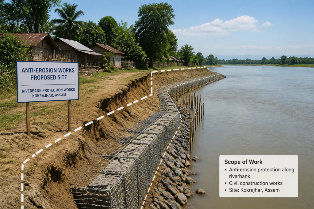 Riverbank erosion site on the Sankosh River near Upendrapur village with areas planned for anti erosion civil works construction in Kokrajhar, Assam