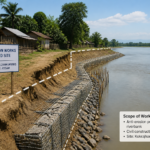 Riverbank erosion site on the Sankosh River near Upendrapur village with areas planned for anti erosion civil works construction in Kokrajhar, Assam