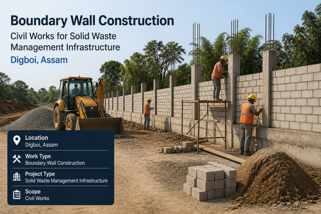 Construction site showing boundary wall and machinery for Digboi Solid Waste Management tender in Assam