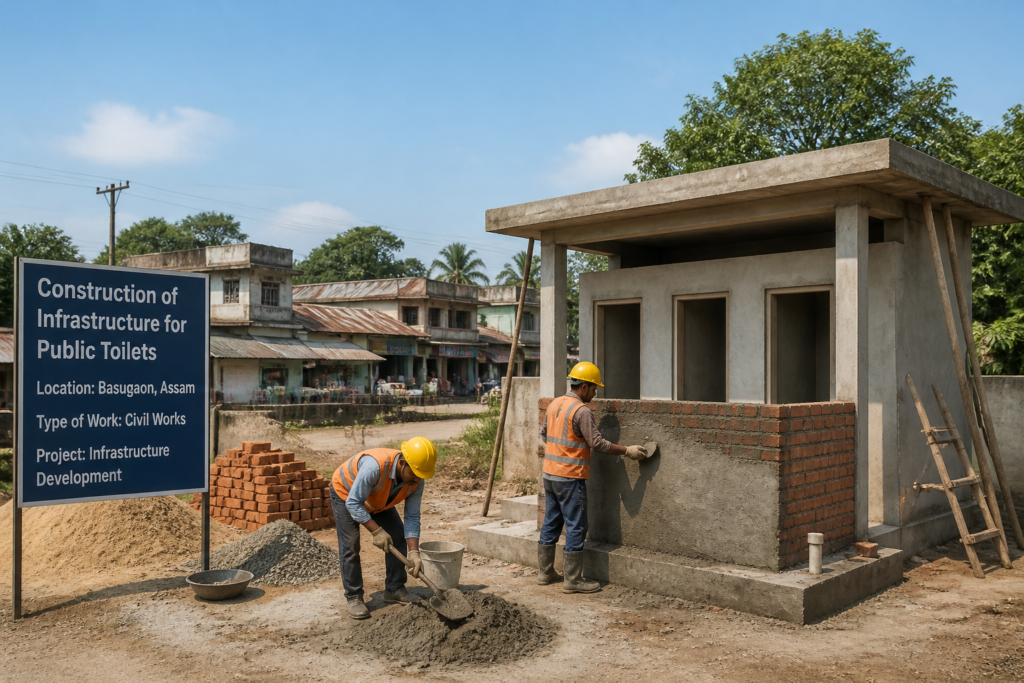 Construction site for public toilets under Basugaon Municipal Board in Assam, civil works and sanitation infrastructure project