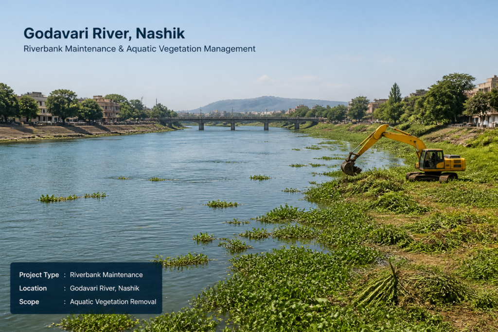 Landscape image of Godavari River near Nashik showing aquatic vegetation and riverbank maintenance work for vegetation removal tender