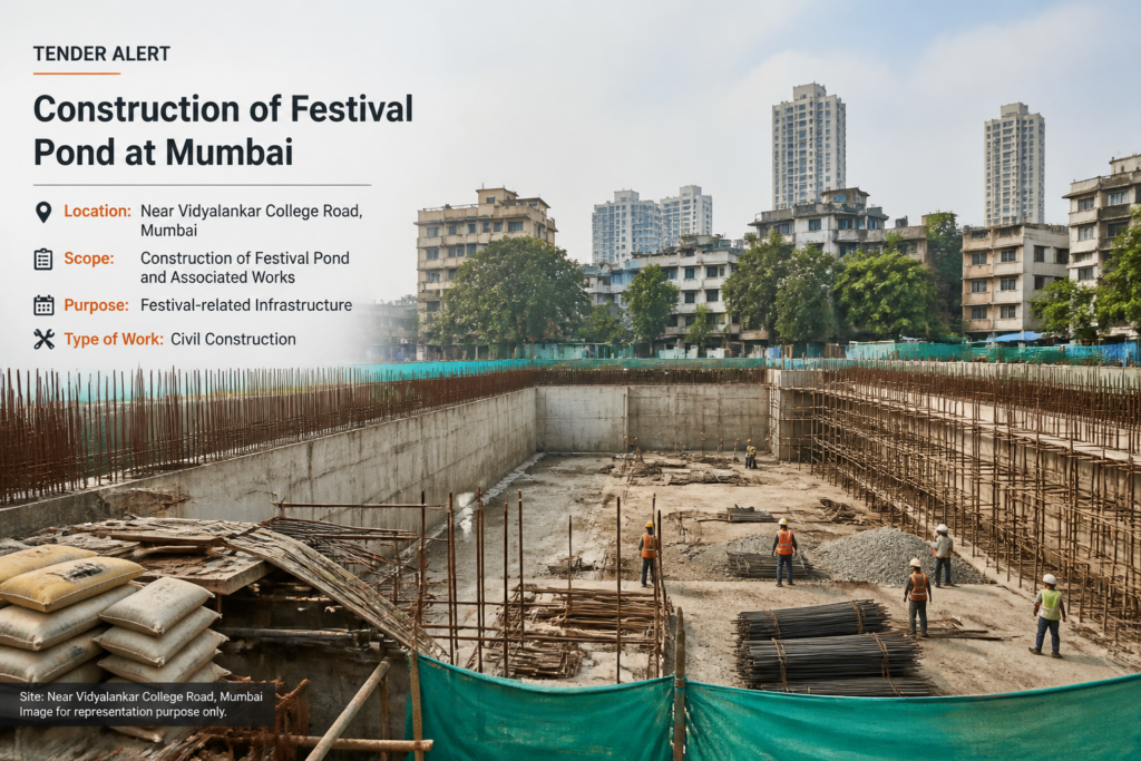 Civil construction site for artificial pond fabrication in F North Ward, Mumbai supporting Devi Immersion 2026