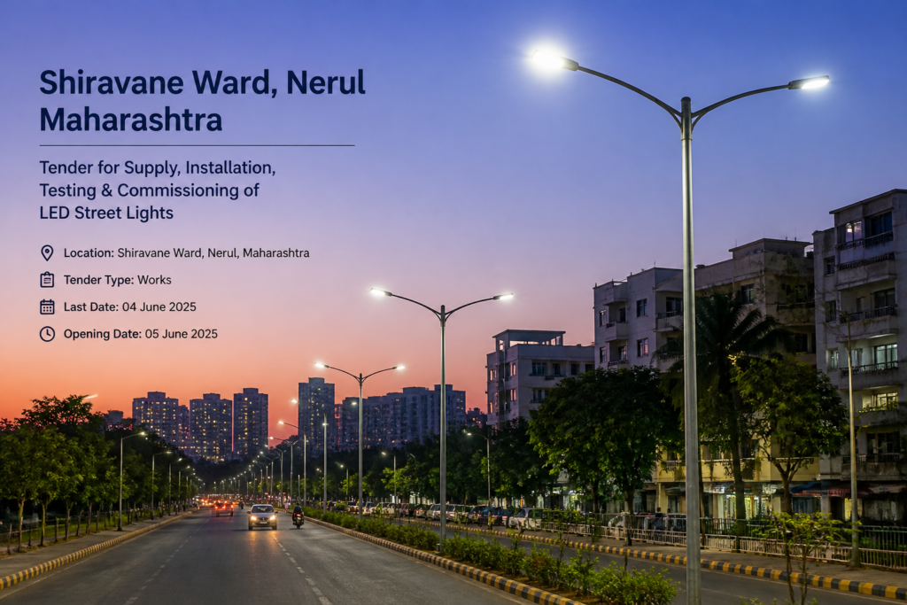 Urban streetlights illuminated at dusk representing streetlight installation infrastructure project in Nerul Maharashtra