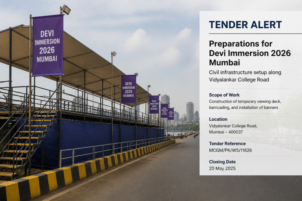 Viewing deck and banners installation site for Devi Immersion 2026 civil works at Vidyalankar College Road, Mumbai