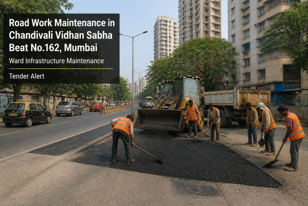 Road maintenance work in Chandivali Vidhan Sabha beat no.162, Mumbai, showing construction workers and equipment in an urban ward environment.