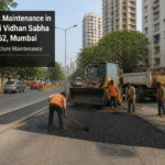 Road maintenance work in Chandivali Vidhan Sabha beat no.162, Mumbai, showing construction workers and equipment in an urban ward environment.
