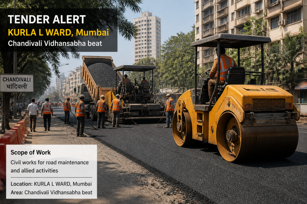 Urban road maintenance works in progress in Chandivali Vidhansabha, KURLA L WARD Mumbai, representing civil works tender project by Maharashtra government