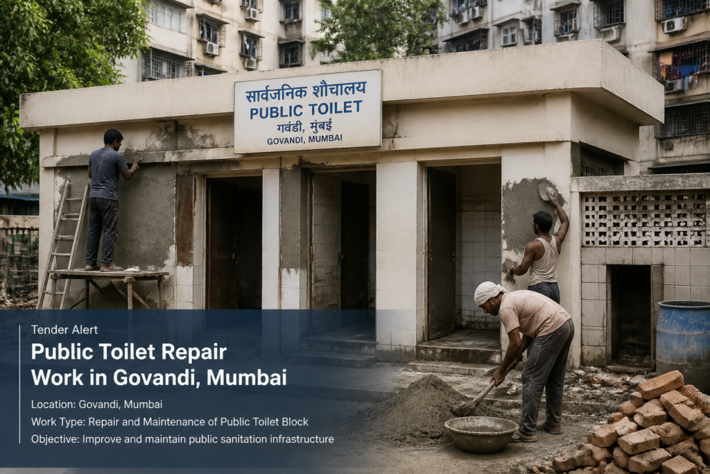 Public toilet block repair underway in Govandi Mumbai showing construction and maintenance workers