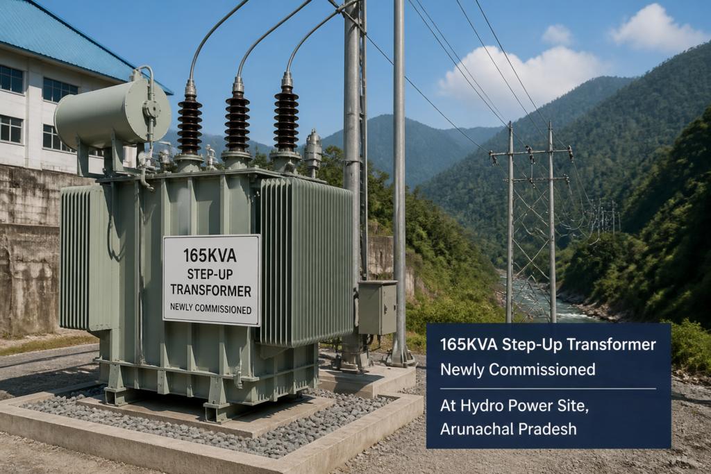 165KVA step-up transformer installation at Arunachal Pradesh hydro power site with electrical lines in hilly terrain