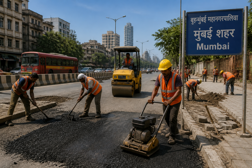 Road maintenance workers and equipment conducting civil works in Chandivali Vidhansabha beat no.157 L Ward, Mumbai