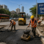Road maintenance workers and equipment conducting civil works in Chandivali Vidhansabha beat no.157 L Ward, Mumbai