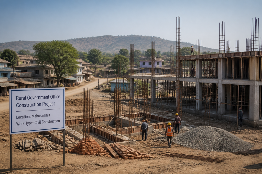 Construction site of new Village Panchayat office building in Palghar, Maharashtra showing civil works progress