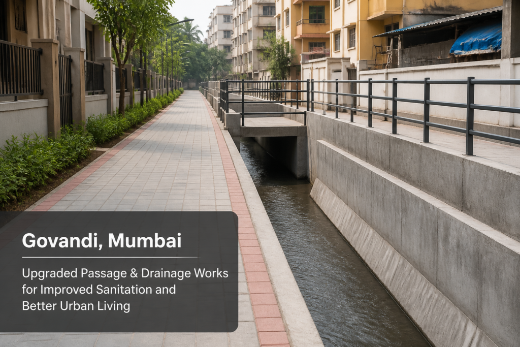 Upgraded urban passage and drainage infrastructure in Govandi, Mumbai showcasing clean, modern sewerage system and pedestrian pathways.