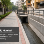 Upgraded urban passage and drainage infrastructure in Govandi, Mumbai showcasing clean, modern sewerage system and pedestrian pathways.