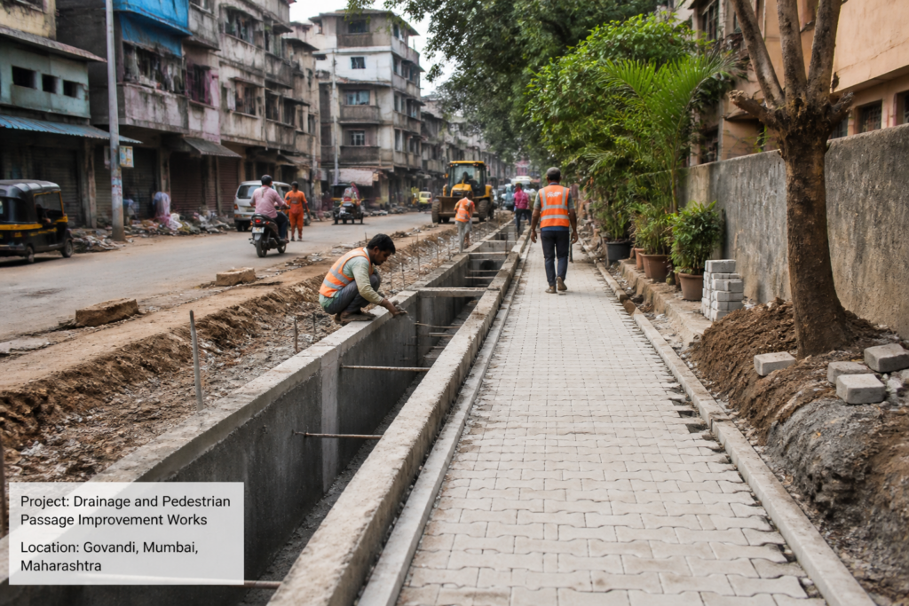 Urban civil works for drainage and passage improvement in Govandi, Mumbai under Maharashtra government infrastructure project