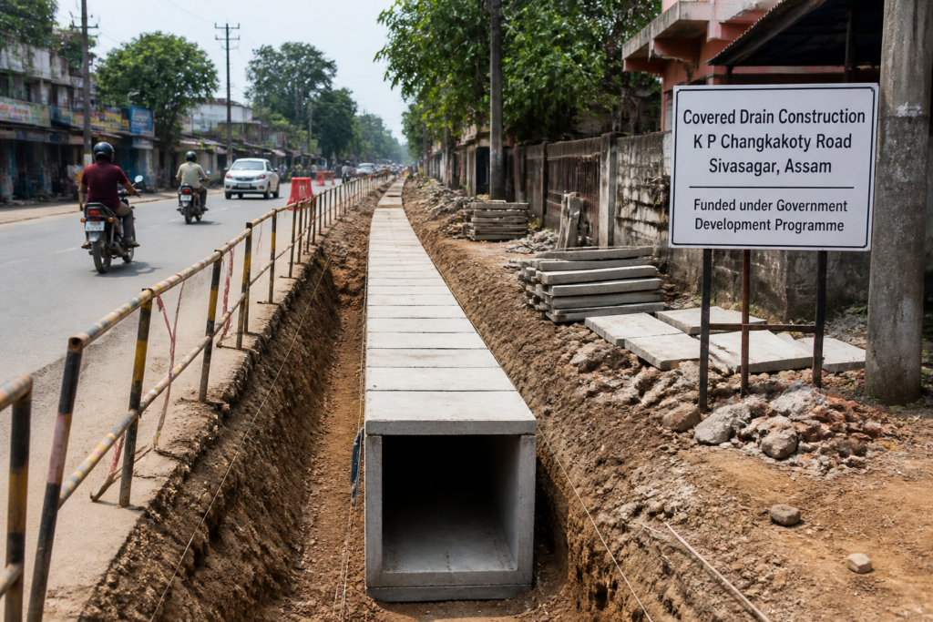 Construction site of covered drain along K P Changkakoty Road in Sivasagar under government civil works tender
