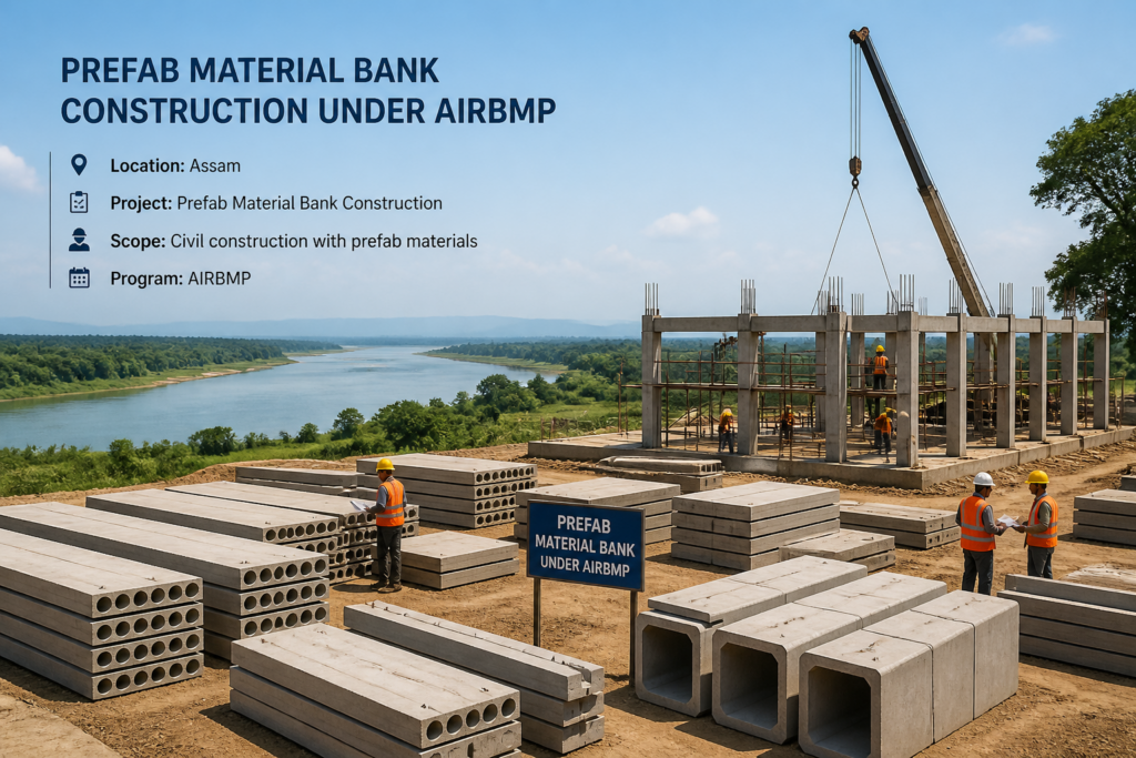 Civil construction site in Assam with prefab materials and river basin visible, illustrating Prefab Material Bank construction under AIRBMP