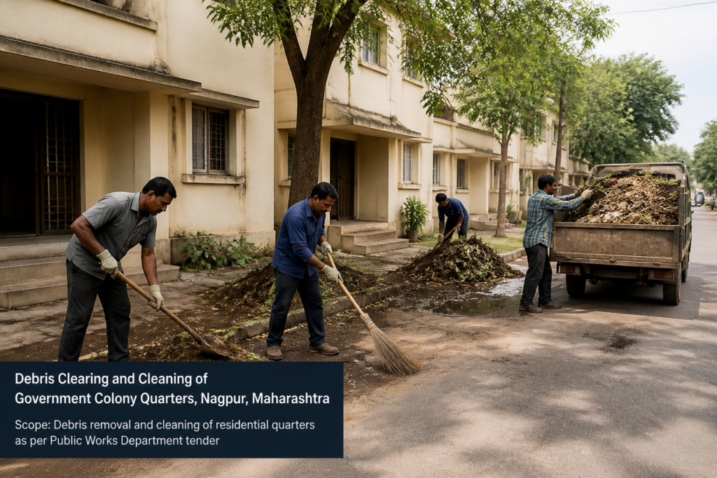 Labourers engaged in debris collection and cleaning at government quarters in Ravi Nagar Colony Nagpur