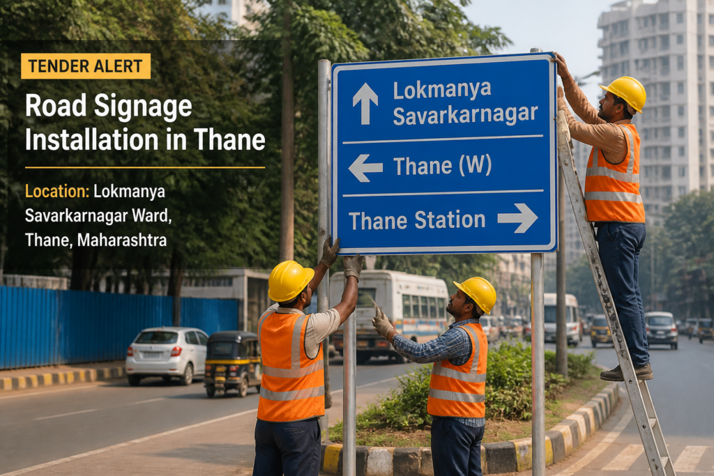 Directional board installation work underway at Indiranagar Naka, Lokmanya Savarkarnagar ward
