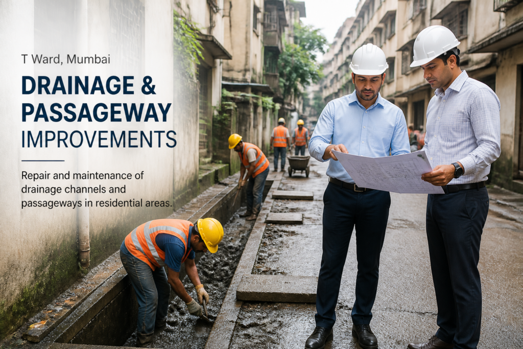 Civil works crew improving drainage and passageway near residential buildings in Mulund West, Mumbai