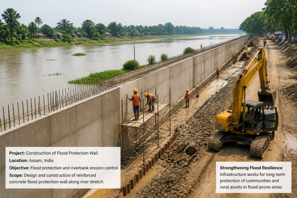 Flood wall construction site along River Chatrang in Gohpur Assam under Government of Assam flood protection project