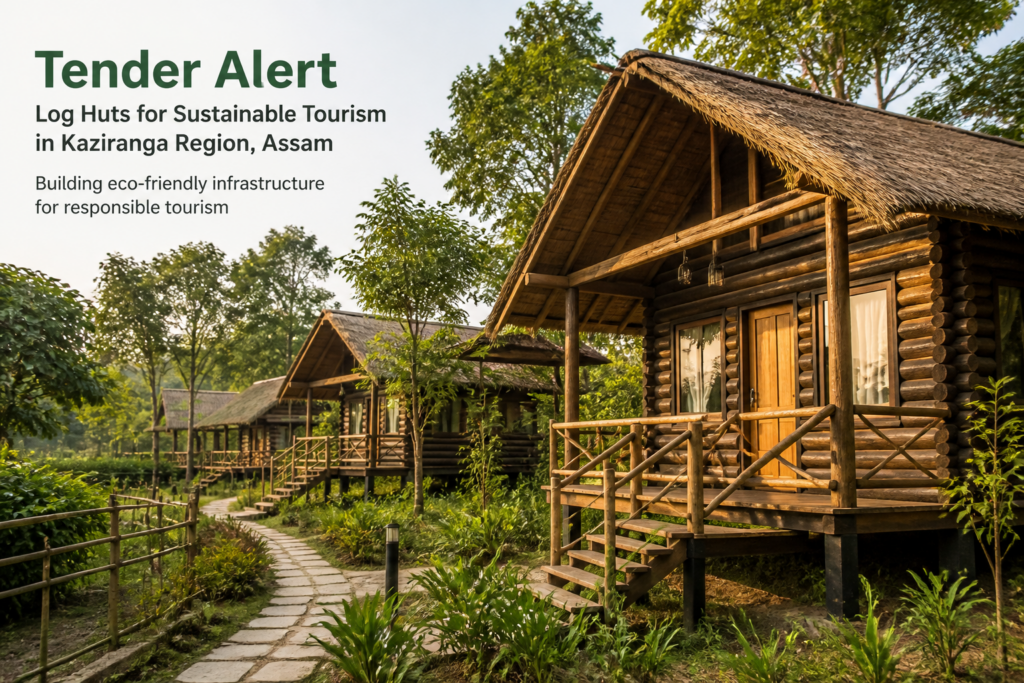 Log Hut Complex accommodation surrounded by forest in Kaziranga, Assam representing tourism infrastructure