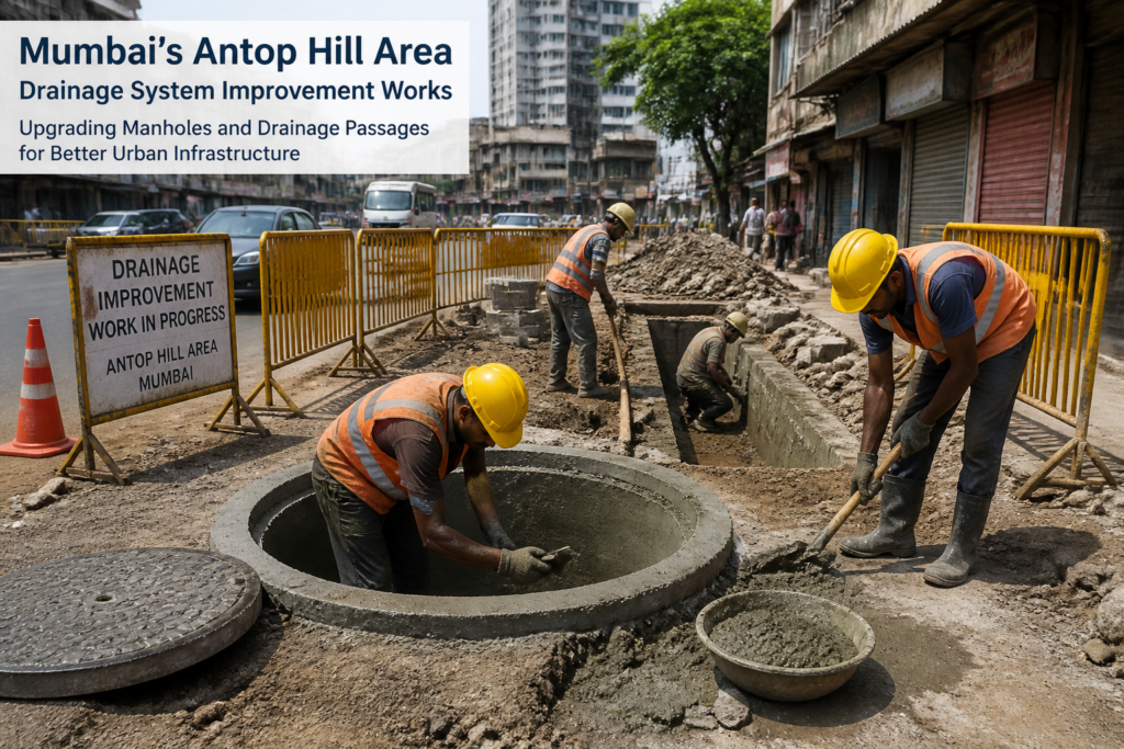 Drainage system improvement work underway near footwear shop in Antop Hill, Mumbai, showing municipal workers repairing sewerage infrastructure.