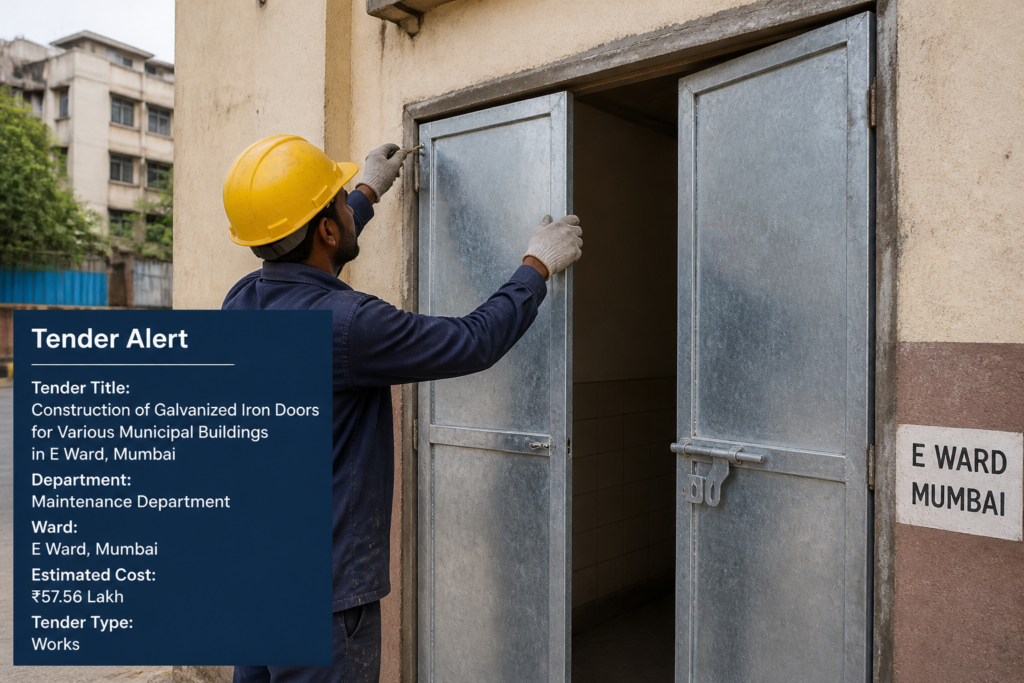 Installation of galvanized iron doors in a municipal building representing the E Ward maintenance tender in Mumbai