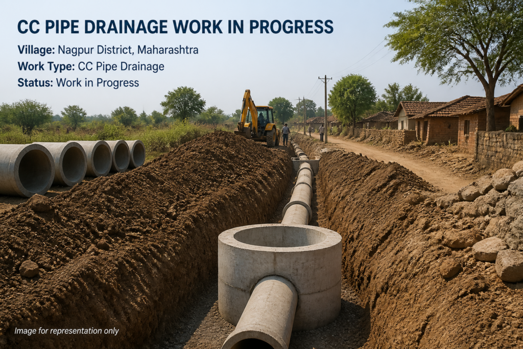 Construction site of CC pipe drainage system in rural Maharashtra village for government infrastructure project