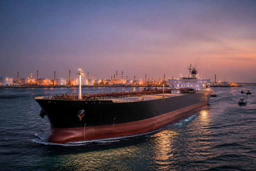 Crude oil prices rise as an oil tanker moves through a tense Middle Eastern shipping route.