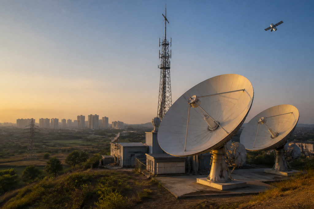 Satellite internet in India represented by a telecom ground station and a communications satellite